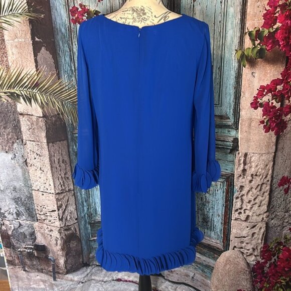 Tahari ASL Royal blue laser cut ruffle crepe shift dress, size 8, excellent - Picture 7 of 11